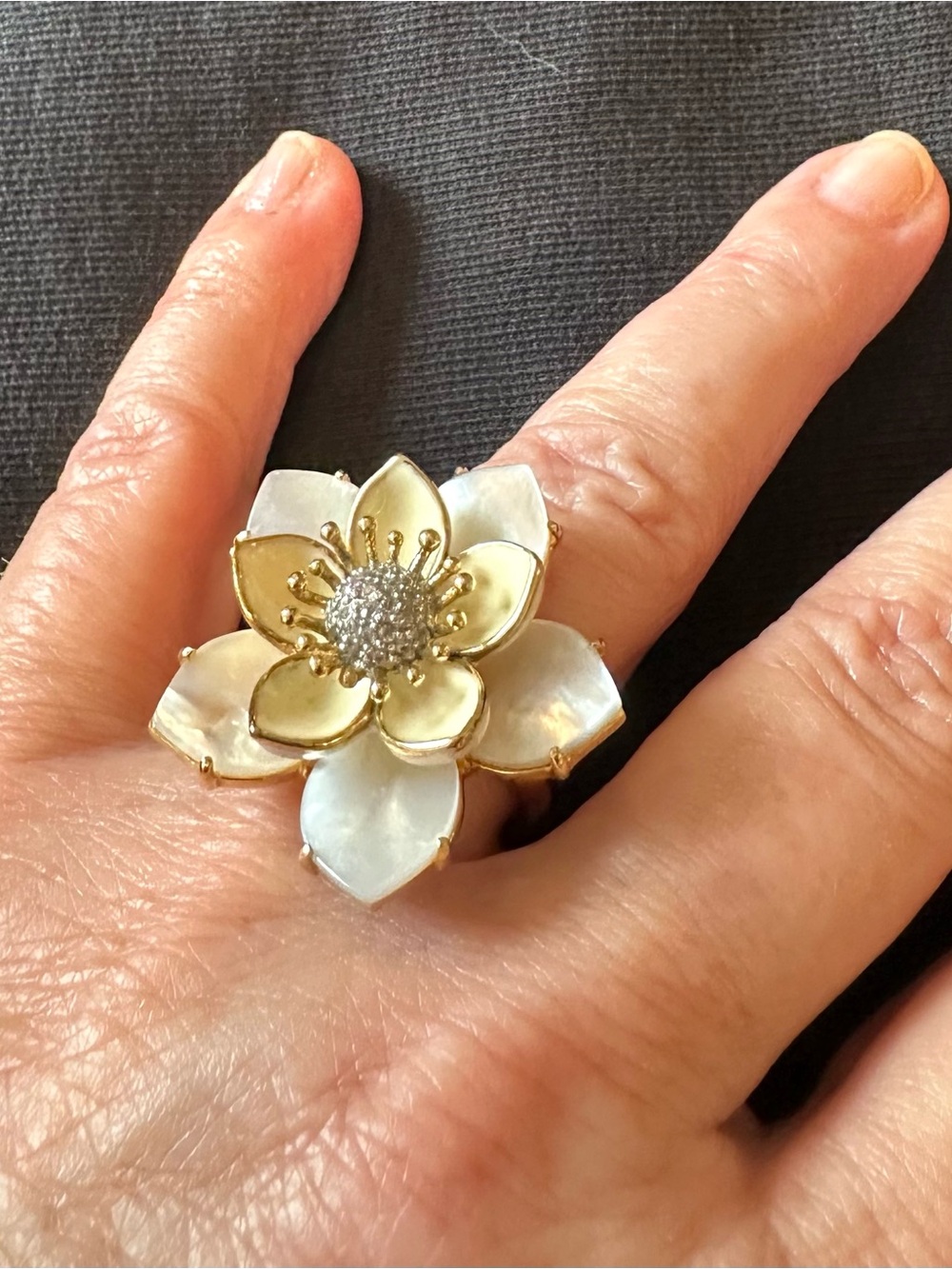 Juicy Couture Gold Tone Floral Ring with Mother-of-Pearl Petals